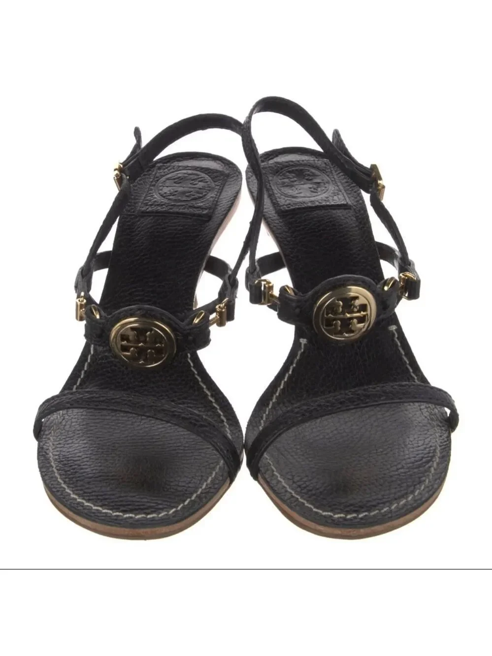 New Tory Burch Black Gold Mira 70mm Tumbled Leather Sandals 9.5